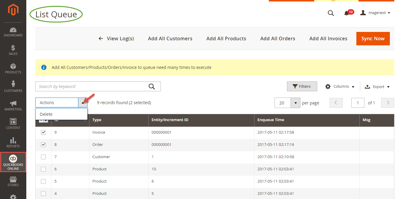 Documentation > 2. QuickBooks Online Integration User Guides > Magento-2-QuickBooks-Online-List-Queue.png